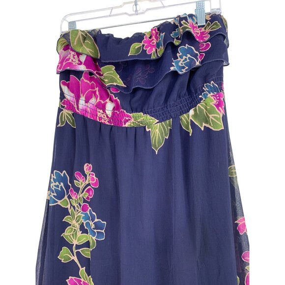 Xhilaration Strapless Floral Maxi Dress L Navy Chiffon Overlay RY10376 Island - Picture 3 of 7